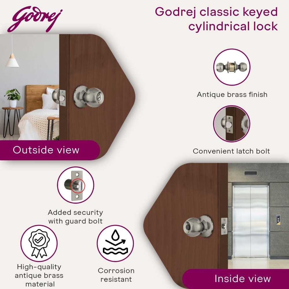 Godrej Cylindrical Lock I With 3 keys I For bedroom, For Home & Office I Suitable for Left Right, Inside&Outside Opening Doors I Backset 70mm I Antique Brass Finish I 5 Years Warranty